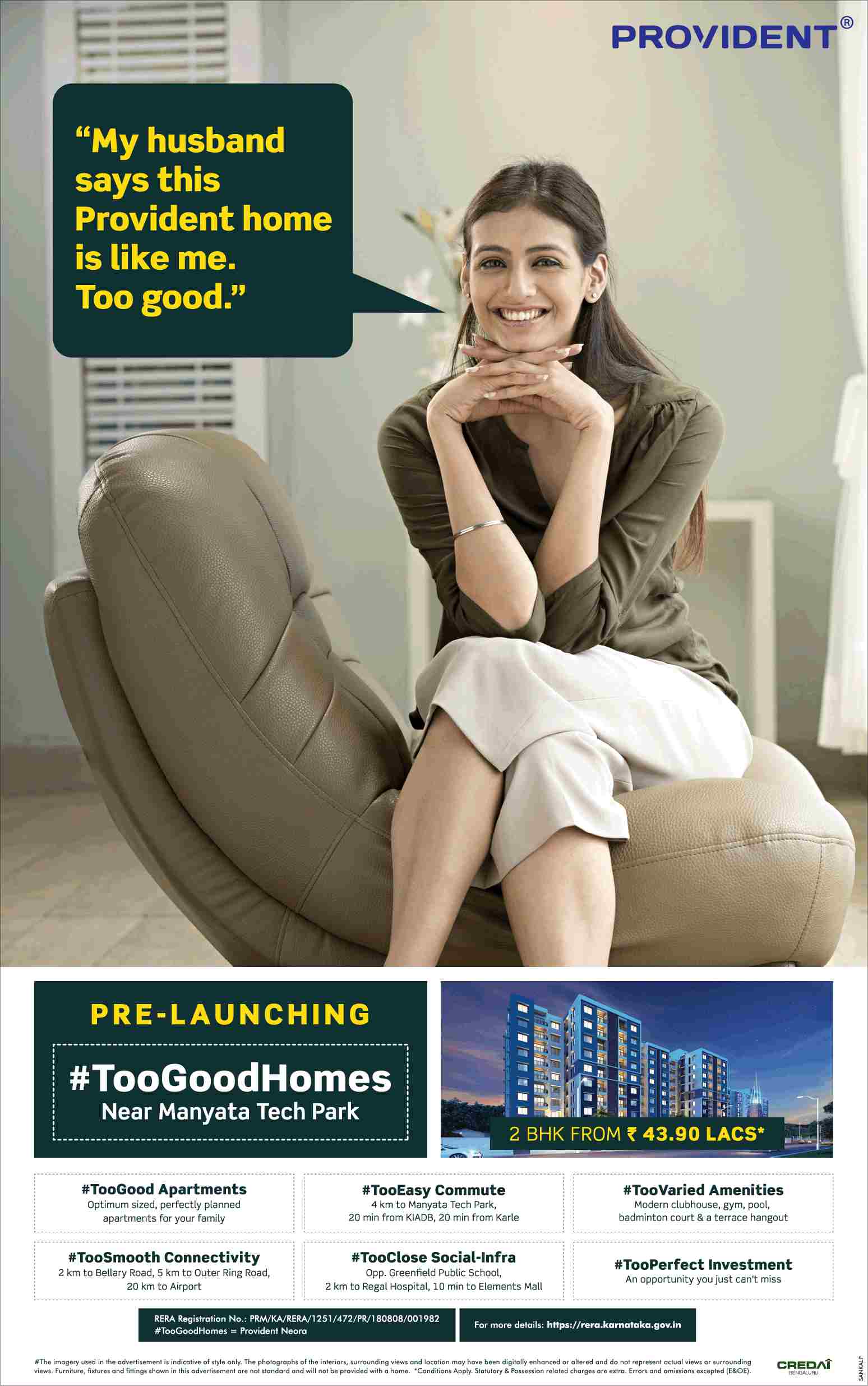 Book 2 BHK @ Rs 43.90 Lacs at Provident Too Good Homes in Bangalore